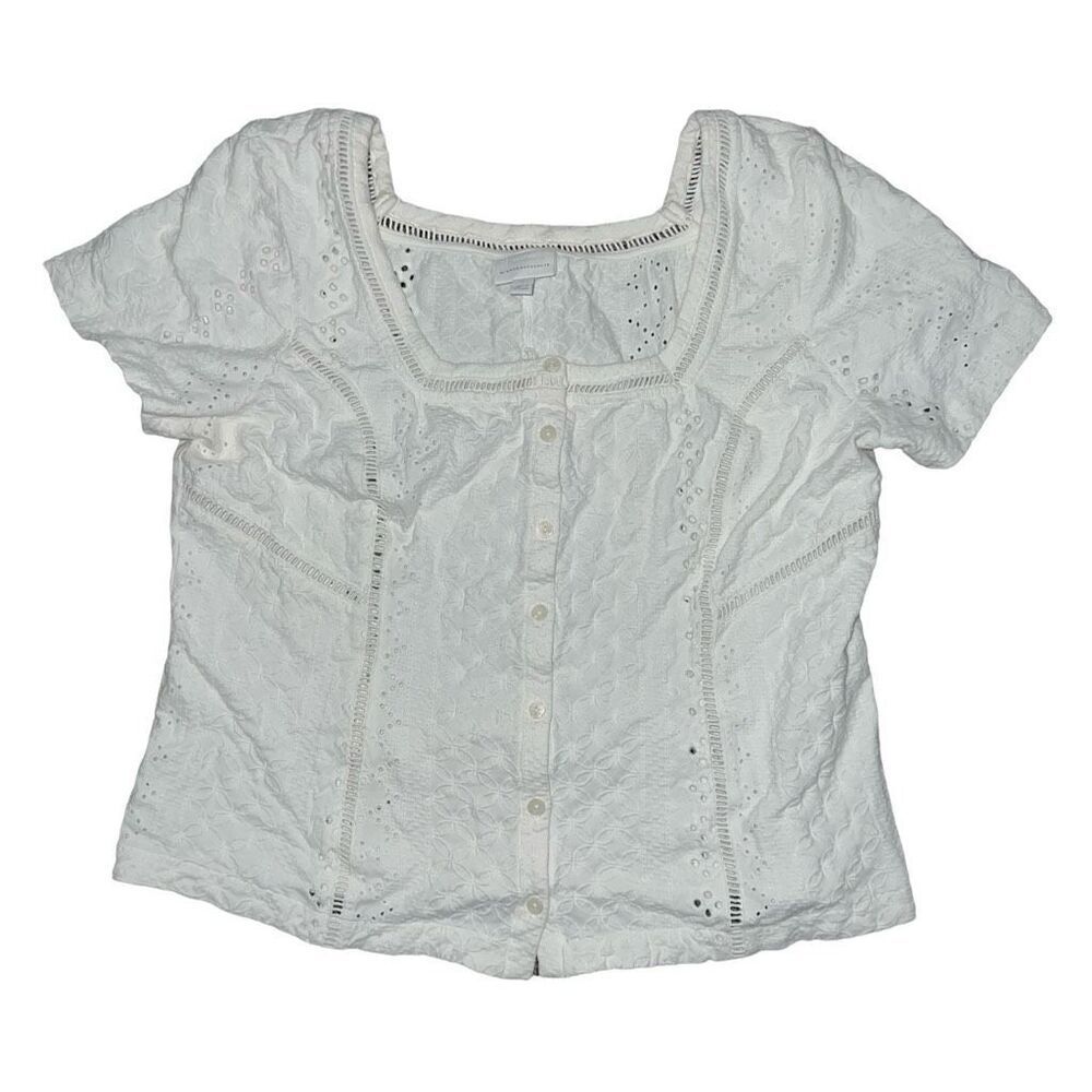 ETT:TWA by ANTHROPOLOGIE White Crochet Button Front Blouse Size L